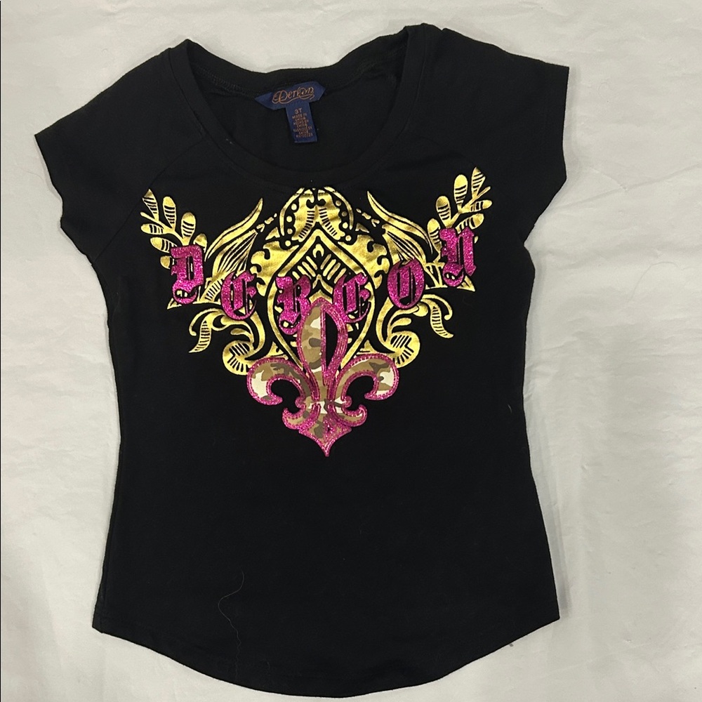 Dereon Black Tee with Pink and Yellow Design